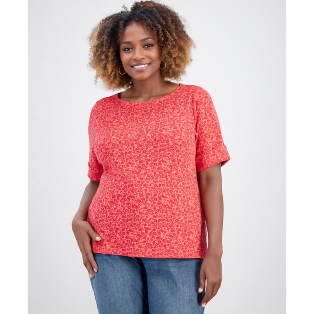 Style & Co Top Womens Plus 3X Coral Ditsy Floral Garden Boho Soft Chic Blouse